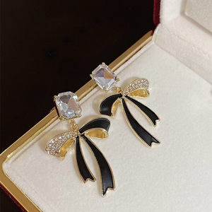 Bow Crystal Drop <b>Earrings</b> <b>Black</b> And White 925 Silver <b>Studs</b> For Women Gift Jewelry Elegant Fashion Accessory - Product Image 4