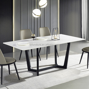 Modern Rectangular Sintered Stone <b>Dining</b> <b>Table</b> Marble Slab Top Gold Metal V-Leg Base 6-8 Seater Luxury Restaurant Furniture - Product Image 4