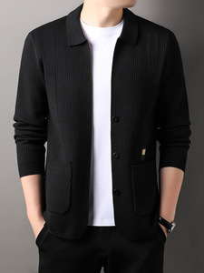 2026 Herren Regular-Sleeve Cardigan mit einfarbigem Muster, maßgeschneidert, atmungsaktiv, 100 % Polyester, Herbst-Strickjacke, Freizeitmantel mit eckigem Kragen - Product Image 5