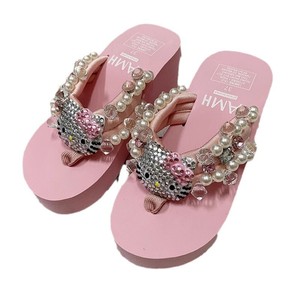 Trendy Cute Kitten Thick-soled <b>Flip</b>-<b>flops</b> with Rhinestones Ladies and Girl Pearls for Summer Beach Sandals - Product Image 6
