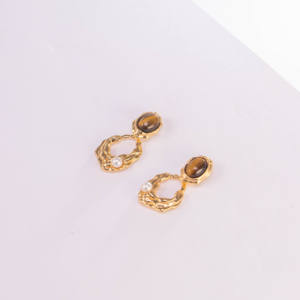 Gold-Plated Tiger Eye Stone & Freshwater Pearl <b>Dangle</b> <b>Earrings</b> for Women Irregular Texture Hoop Drop <b>Earrings</b> <b>Fashion</b> - Product Image 4