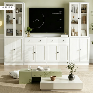 Mobile <span class=keywords><strong>TV</strong></span> moderno bianco a parete intera, ecologico, con <span class=keywords><strong>libreria</strong></span> alta in vetro abbinata e ante chiuse - Product Image 2