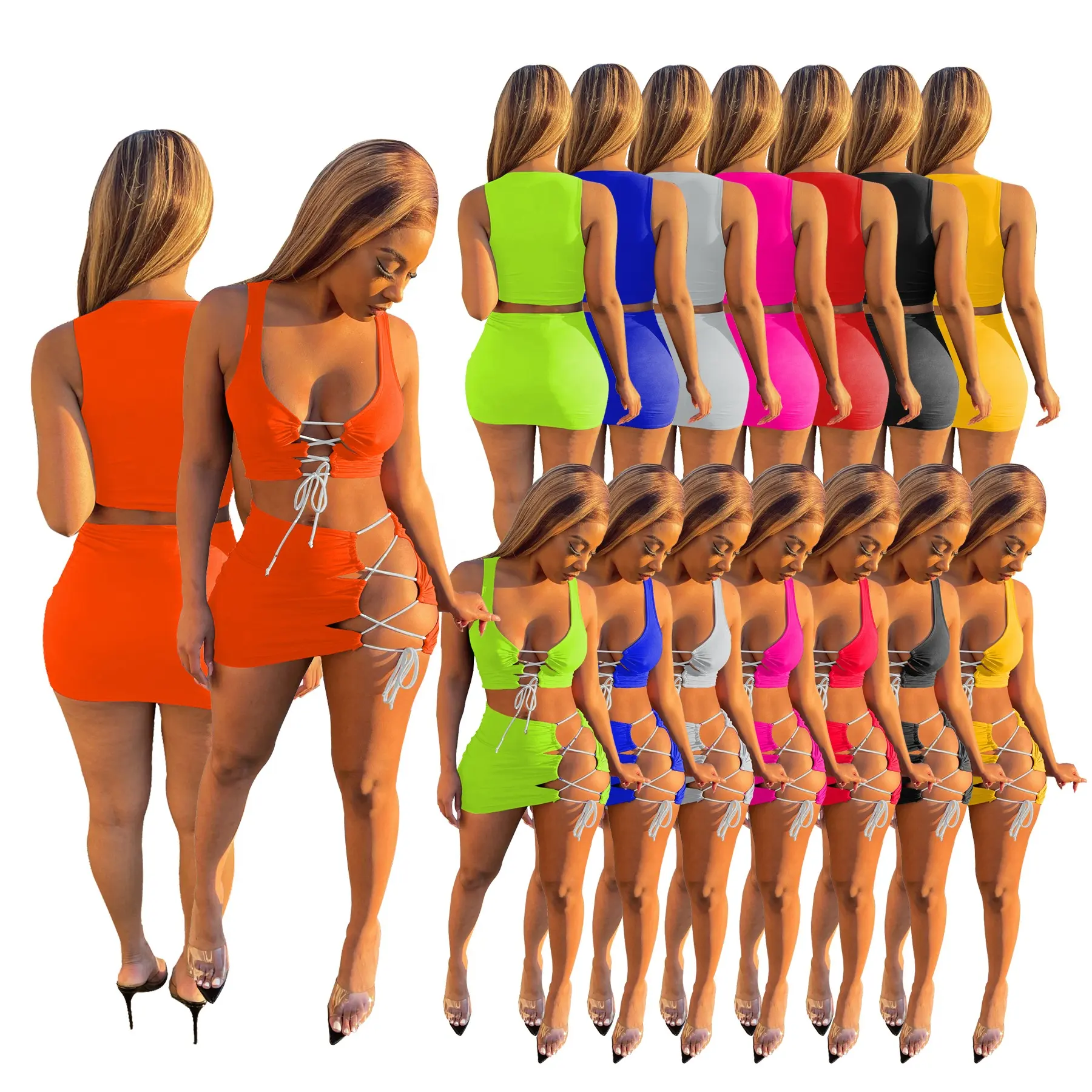 2021 Summer Clothes Lace Cover Up Beach Wear Tank Top strand Dress 2 Piece Skirt Set Mini Sexy Beachwear Women