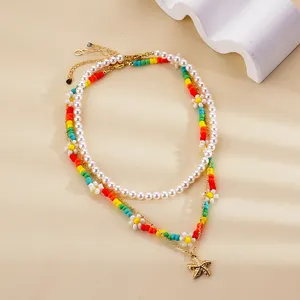 18K Gold Plated Starfish Charm Pendant Imitation Pearl Miyuki Seed Beads Flower Necklaces Jewelry Set For Women