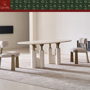 Mesa de Comedor Ovalada Moderna GOLDKING de Travertino con Tapa Beige, Patas de Bloque Doble con Acabado en Latón, Diseño Personalizado, Directo de Fábrica - Product Image 2