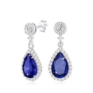 Platinum Plated Brass Double Halo Pear Sapphire Blue Crystal Drop <b>Earrings</b> 925 Silver <b>Post</b> Wedding Party Gift Jewelry Wholesale - Product Image 1