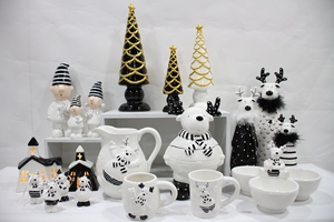 Ensemble de Décoration de noël: la <span class=keywords><strong>maison</strong></span> Blanche avec lumière Ange figurines, Arbre De Noël En Céramique, Blanc noir renne - Product Image 4