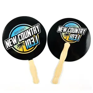 Eco-friendly Custom Sided Printing Wood Handle Round Paper Paddle Hand Held Fan
