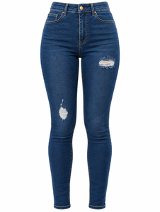 Jean en denim skinny taille haute pour femme, longueur intégrale, style vintage, effet usé, respirant et extensible - Product Image 1