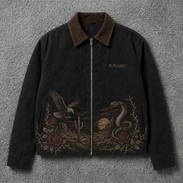 Custom Winter Zipper Front Western Eagle Snake Embroidered Black Denim Jacket Vintage Workwear Streetwear Trucker Jacket Unisex