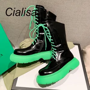 Cialisa Green Thick Rubber Outsole Genuine Leather Flats Shoes Women Round Toe Strappy Mid-Calf Boots Zipper-Up Winter Boot