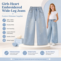 Jeans pour filles avec broderie en forme de cœur, taille haute élastique, jambes larges, pantalon en denim pour enfants, fabrication sur mesure, étiquette privée OEM