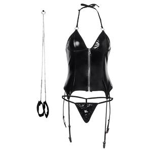 Nieuwe Europese Amerikaanse stijl ODM lederen spandex glanzende bodysuit nachtclub patentleren kousenband sexy lingerie voor dames - Product Image 5