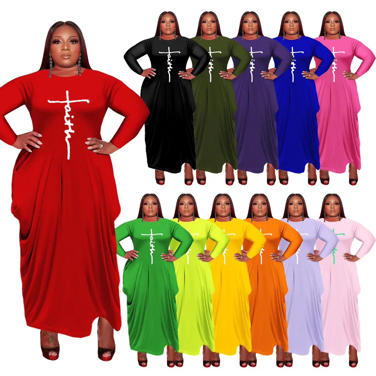 5XL Women's Faith Oversize Baggy T Shirt Causal Loose Party long sleeve or short sleeve plus size maxi Dresses with Pockets