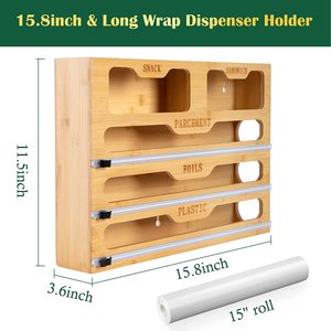 Boîte de rangement pour film alimentaire en bambou avec coupe-film 40x30x9cm pour l'organisation des films plastiques et du papier aluminium de cuisine - Product Image 3