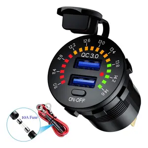 Car Parts USB Quick Charge Socket Car Charger Waterproof Dual Charging Jack QC3.0 Fast Charging Socket With Switch And Voltmeter