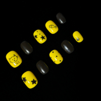 Faux ongles à presser faits main et peints à la main, motif chat, poisson, étoile, pois jaunes et noirs, réutilisables, application facile, à coller