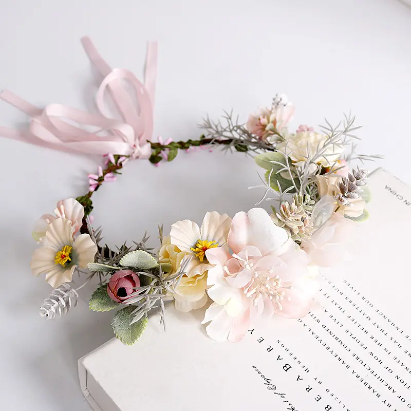 Women Rose Floral Crown Hair Wreath Leave Flower Headband with Adjustable Ribbon