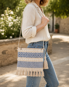Blue Geometric Woven Shoulder <b>Bag</b> With <b>Fringe</b> Trim And Adjustable Strap For Women Shopping Travel Casual And Everyday Use - Product Image 3