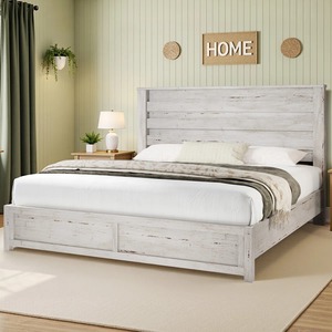 Lit en bois de style campagnard, cadre de lit plateforme blanc taille king avec tête de lit cannelée et rangement <span class=keywords><strong>sous</strong></span> le lit - Product Image 1