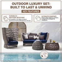 Ensemble de canapés en aluminium et corde Foshan pour terrasse, avec chaises à dossier haut et bas et coussins profonds individuels, idéal pour les conversations en extérieur