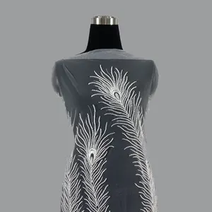 New Shiny Sequin and Bead stunning lace fabric peacock feather pattern for evening dress