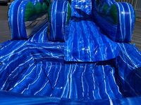 Location de jeux d'eau pour fêtes d'été, toboggan aquatique tropical commercial, toboggan aquatique gonflable bleu marbre, cour avec piscine