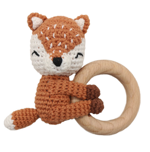 ของเล่นเขย่ามือเด็กทำมือรูปสัตว์น่ารัก ทำจากไม้และโครเชต์ รูปสุนัขจิ้งจอกและกวาง เหมาะสำหรับเด็กแรกเกิดและทารก - Product Image 1