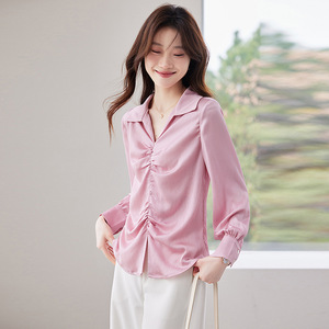 Pink Satin Shirt Women's Top Solid Color Long Sleeve With Folds Everyday Wear Spring Autumn 2025 - Product Image 4