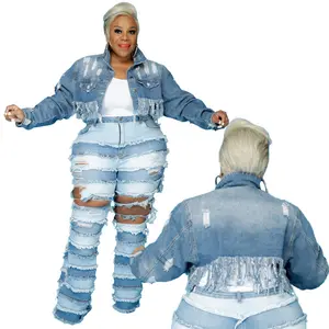 New arrival woman jacket and coat Plus size women's ripped tassel wash long sleeved denim jean jacket