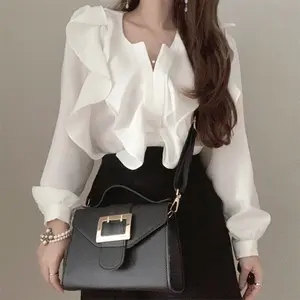 Trending Woman Top Clothes Elegant Korean Plain Shirts White Blouse Women Casual Ruffles Chiffon Ladies Tops Blouse