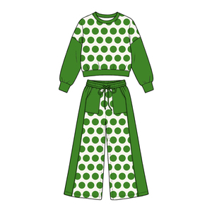 Preordina il set 2 pezzi Yawoo per bambine: felpa corta a righe gingham e pois colorblock e pantaloni a gamba larga per il Mardi Gras - Product Image 3