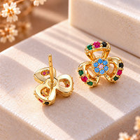 Boucles d'oreilles clous en laiton plaqué or 18 carats avec fleur en ruban noué et zircone multicolore, bijoux de mode pour femmes, vente en gros, OEM personnalisé