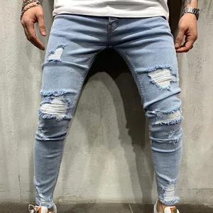 Celana Jeans Pria Muda Ramping, Celana Jins Lubang Biru Muda Trendi, Celana Jeans Ramping Kaki Kecil