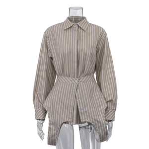 Nuovo Design 2026: Set 2 Pezzi Estivo Casual da <span class=keywords><strong>Donna</strong></span> con Corsetto a Righe Stampato e Camicia a Maniche Lunghe - Product Image 5