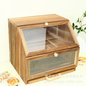 Boîte à pain en bois de marques indépendantes 35x33.5x39cm, rangement multi-niveaux avec couvercle en verre pour présentation en boulangerie - Product Image 2