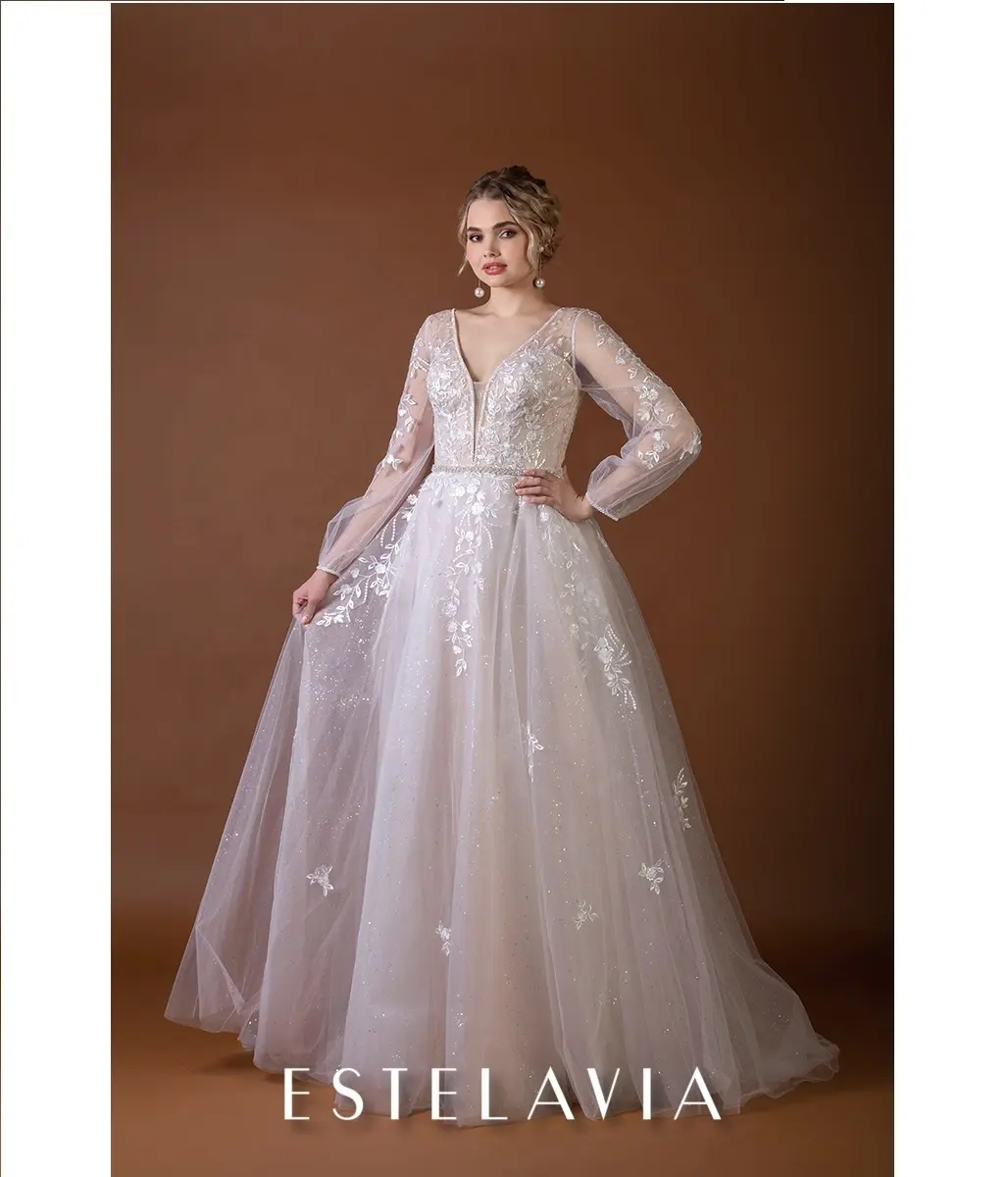 Estelavia "Donna" White Modern Lace Long Sleeve Wedding Dress with V-neck and A-line Three Layer Skirt