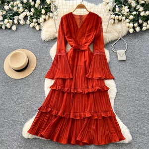 Vintage V-neck Dress Women's Elegant Long Sleeve <b>Glitter</b> Tiered Hem Maxi Dress - Product Image 6