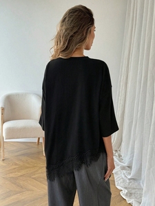 Nouveau style é<span class=keywords><strong>t</strong></span>é 2026 – <span class=keywords><strong>T</strong></span>-<span class=keywords><strong>shirt</strong></span> élégant pour <span class=keywords><strong>femme</strong></span> à manches courtes, coupe asymétrique et patchwork de <span class=keywords><strong>dentelle</strong></span>, haut de gamme - Product Image 2