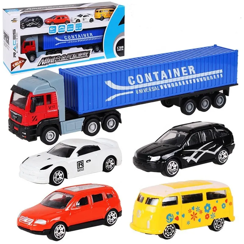 Hot 1:50 Alloy Container Truck 1 diecast truck model + 4 diecast model car With Pullback diecast toys
