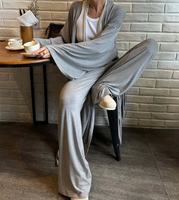 Nouvel ensemble deux pièces loungewear pour femme, style européen et américain, en tricot uni nylon/coton, anti-plis, col mandarin, collection automne