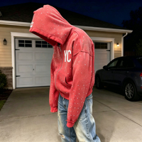 Sweat à capuche zippé surdimensionné pour homme, personnalisé, en coton, avec motifs graphiques, effet vieilli, délavé à l'acide et strass, par un fabricant et designer