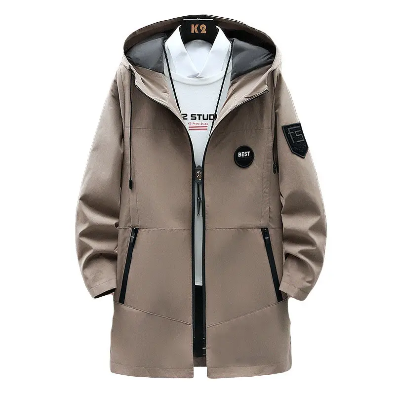 Mid length jacket casual light weight Shirt Jacket Windproof Sports Top Lightweight Windbreaker With Hood men long trench coat