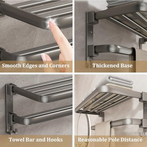 Porte-serviettes gris anthracite sans perçage, support mural avec étagère de rangement pour salle de bain, toilettes, douche - Product Image 4