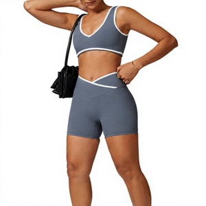 Women's 2 Piece Workout Non <b>Padded</b> Sports Bra Crop Top and High Waist Biker Shorts, Stretch Yoga <b>Running</b> Fitness Activewear Set - Product Image 2