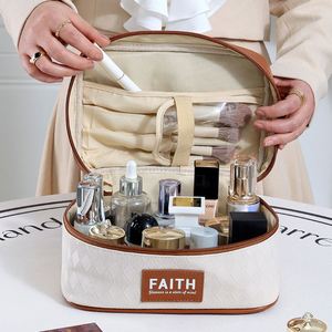 Sac de maquillage luxueux avec logo personnalisé, organiseur portable, sac de rangement pour cosmétiques, sac de maquillage de voyage en cuir PU, vente en gros - Product Image 4