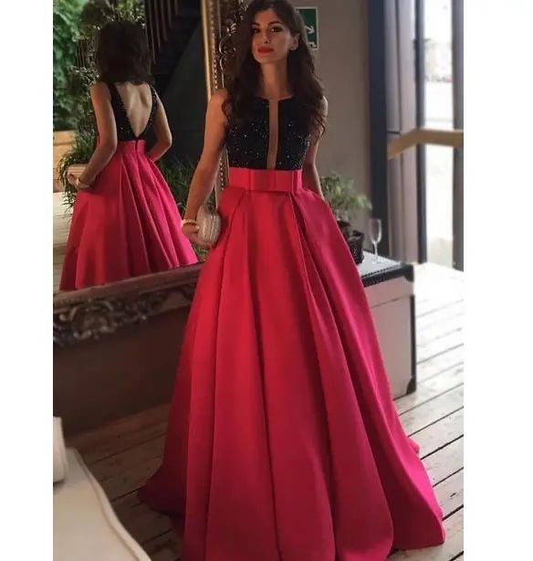Fuchsia Satin Black Diamond V-Ausschnitt Eine Linie Plus Size Prom Kleider Hot Pink Prom Kleider Backless