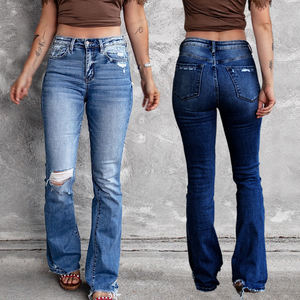 Nouveautés transfrontalières automne/hiver, pantalon flare tendance à taille haute, extensible, à bords effilochés, délavé, <span class=keywords><strong>jean</strong></span> long pour femmes - Product Image 1