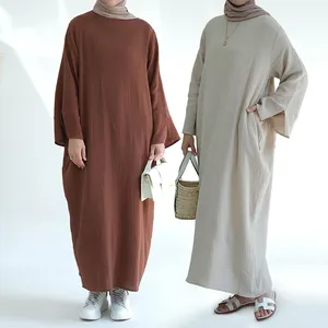 2023 New Arrival Abaya Women Muslim Dress Dubai Turkey Modest Crew Neck Cotton Solid Color Closed Abaya Women Muslim Dress