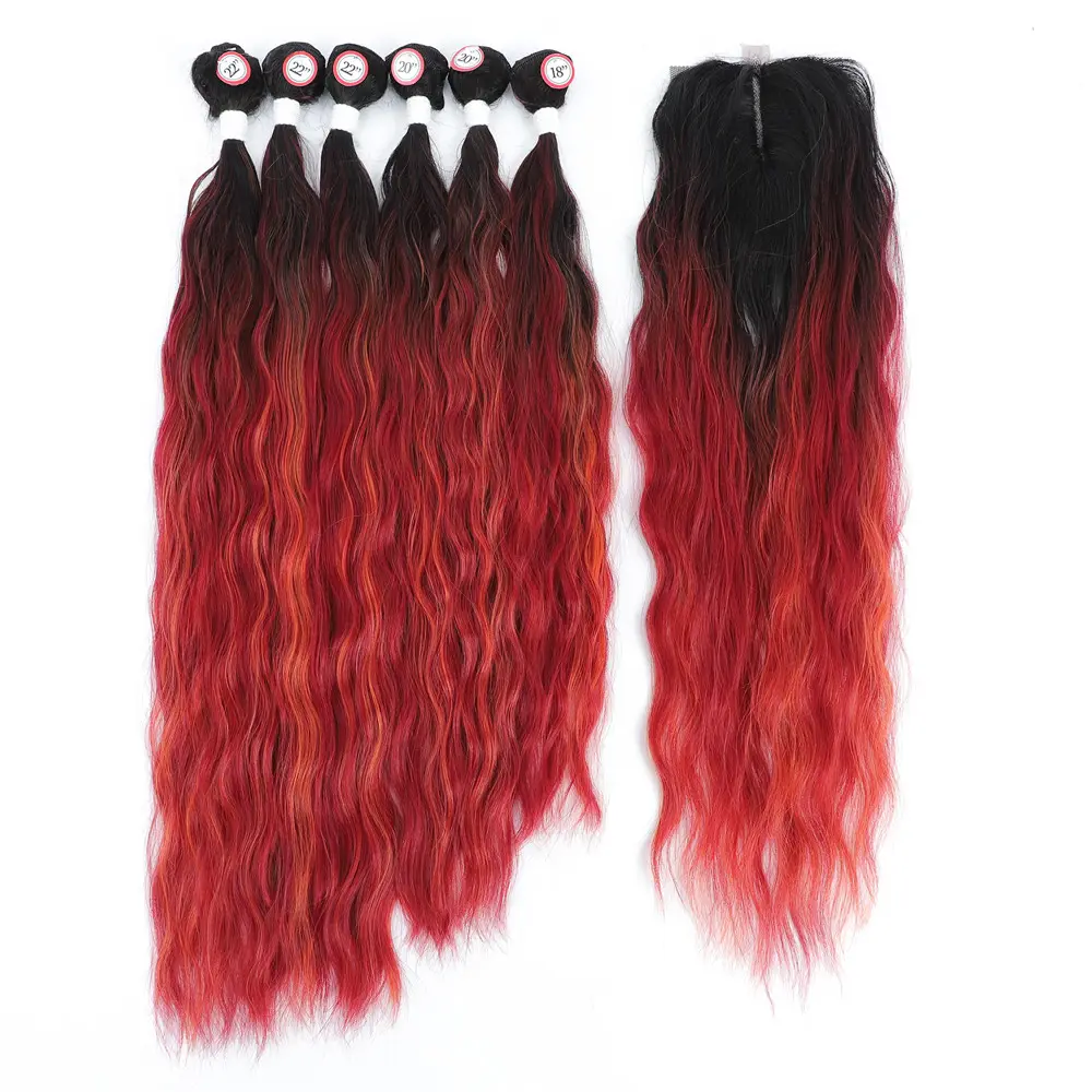 Ombre kırmızı renk doğal dalga uzun saç ekleme 6 demetleri dantel kapatma ile kolay peruk sentetik saç dokuma